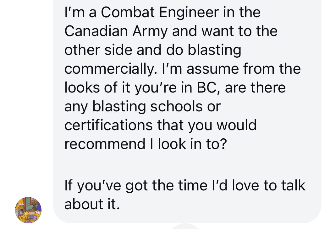 Instagram message from a former combat engineer asking about blasting schools in BC
