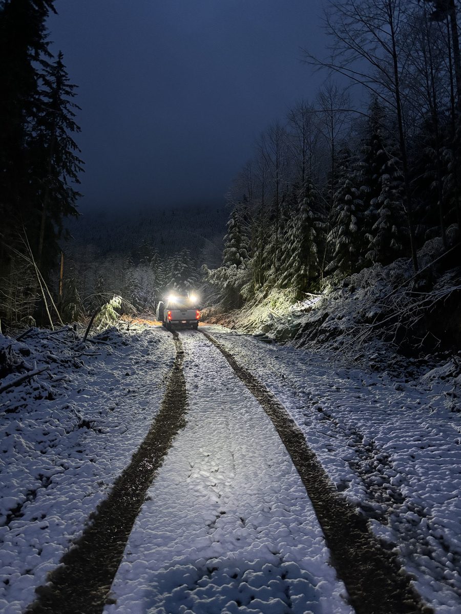Blasting World Instagram post: heading to a remote jobsite on a snowy logging road